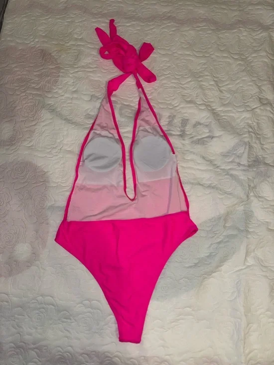 Hot Pink Halter One-Piece Swimsuit - Deep V - Size Large - Picture 3 of 5
